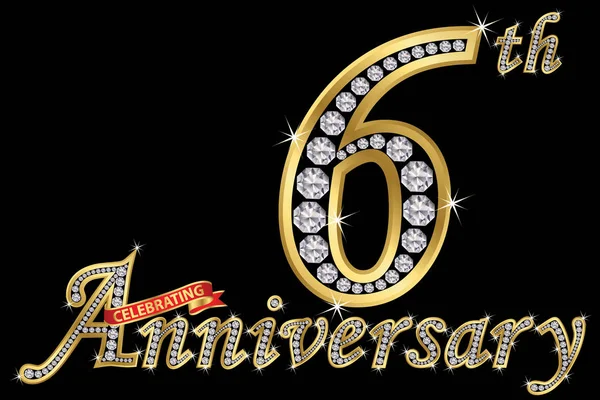 Celebrando Sexto Aniversário Sinal Ouro Com Diamantes Ilustração Vetorial — Vetor de Stock