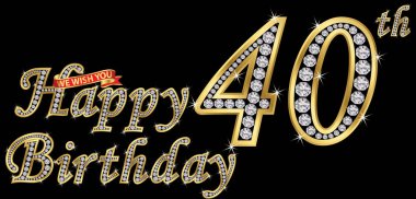 40 years happy birthday golden sign with diamonds, vector illustration clipart
