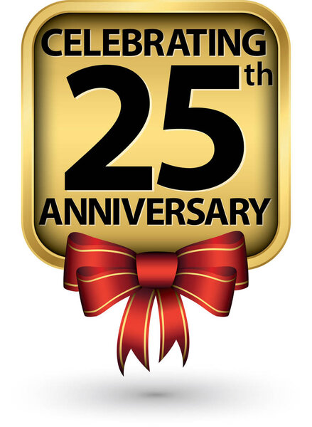 Celebrating 25th years anniversary gold label, vector illustration 