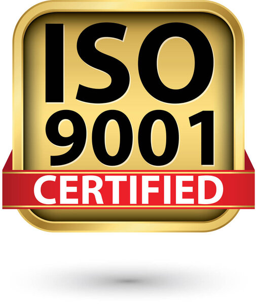 ISO 9001 certified golden label, vector illustration 