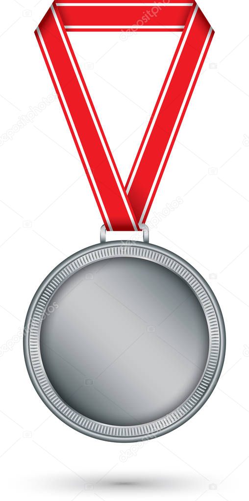 Silver medal with red ribbon, vector illustration
