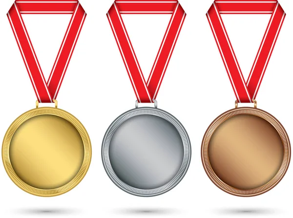 Medallas de oro, plata y bronce, medalla engastada con cinta roja, vecto — Vector de stock