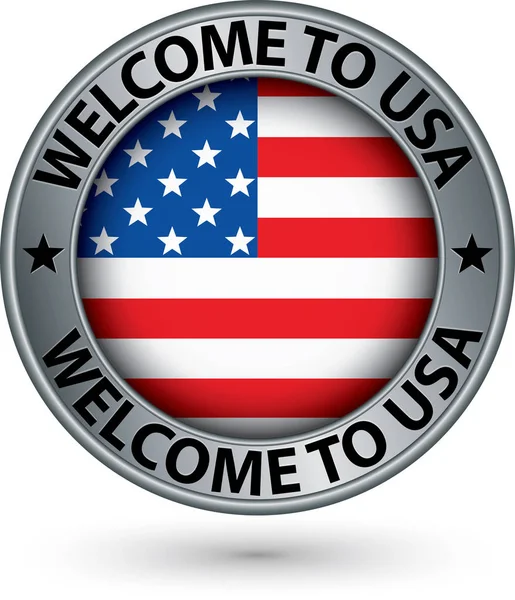 Welcome to USA silver label with flag, vector illustration — Stock Vector