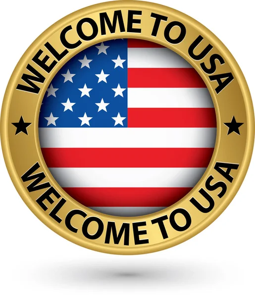 Benvenuti a etichetta in oro USA con bandiera, illustrazione vettoriale — Vettoriale Stock
