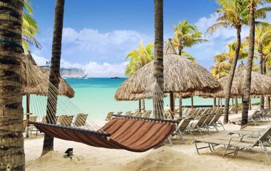 Limanda yolcu gemisi ile tropikal tatil plajı 