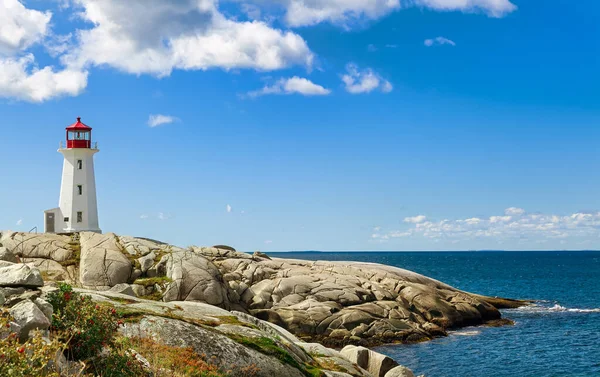 Panorama Harbor Nova Scotia Iconic Peggys Cove Lighthouse Sunny Day — Stock Photo, Image