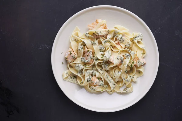 plate of fettuccine with salmon