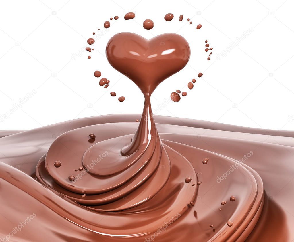 Splash chocolate abstract background, chocolate heart isolated 3d rendering