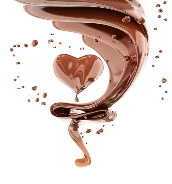 Splash Cioccolato Sfondo Astratto Cuore Cioccolato Isolato Rendering — Foto Stock