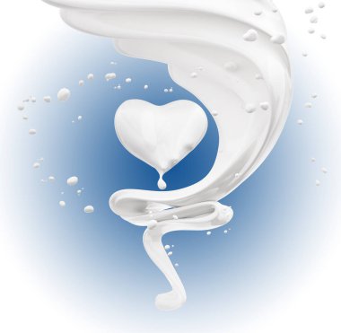 Splash süt arka plan, çikolata kalp 3d render izole.