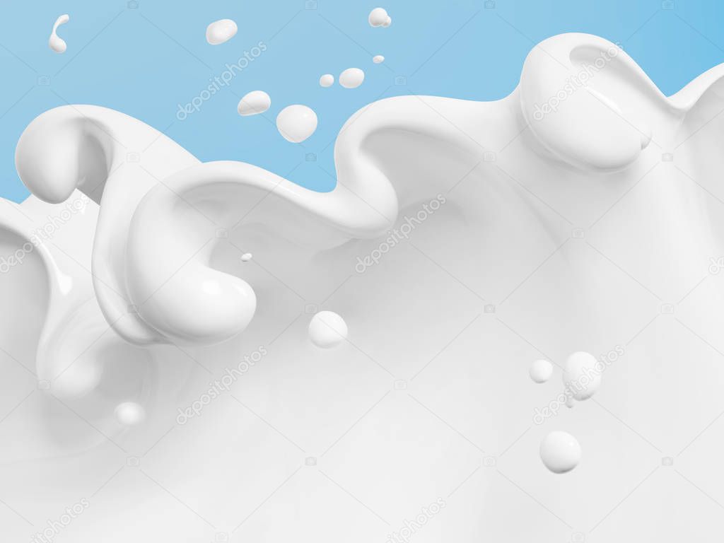 Milk drops and splashes isolated on blue background, 3d rendering