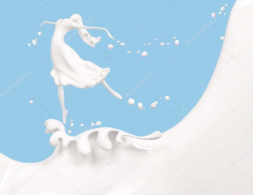 Splash milk and girl isolated on blue background, abstract 3d rendering