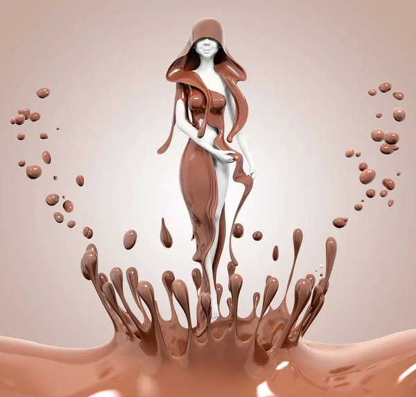 Splash Σοκολάτα Και Όμορφη Gir Αφηρημένα Φόντο Απομονωμένη Rendering — Φωτογραφία Αρχείου