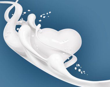 Süt arka plan, kalp süt izole 3d render sıçrama