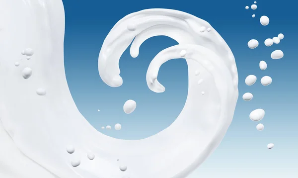 Milch 3D-Rendering und Spritzer isoliert auf blauem Hintergrund — Stockfoto