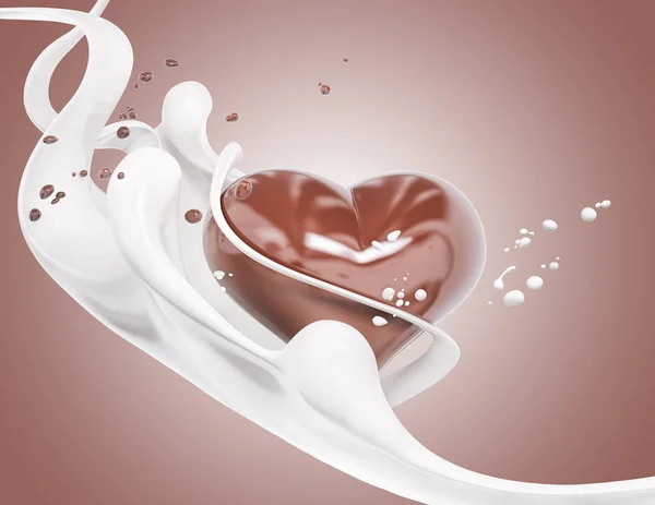 Splash Milk Chocolate Abstract Background Chocolate Heart Isolated Rendering — Stok Foto