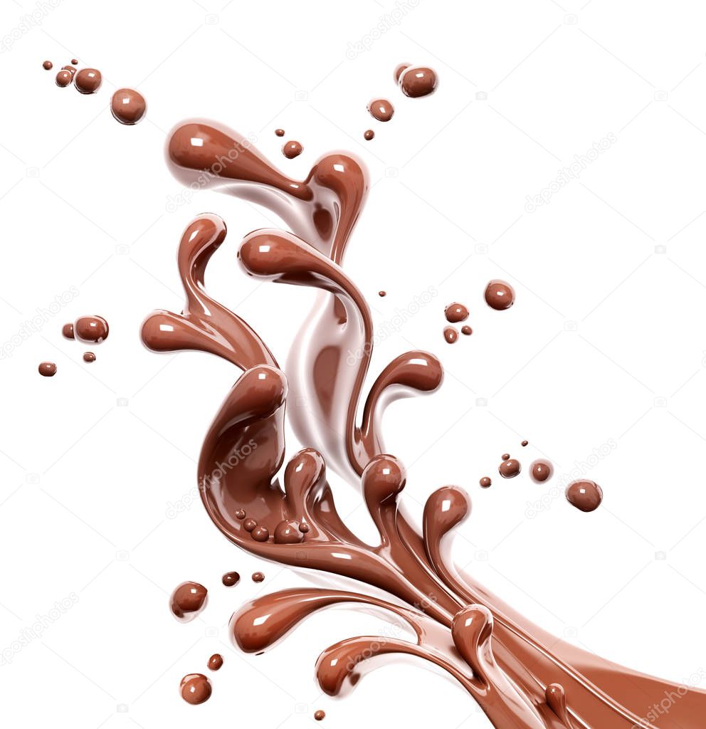  hot dark chocolate dynamic splashing, liquid splash, 3d food illustration isolated on white background