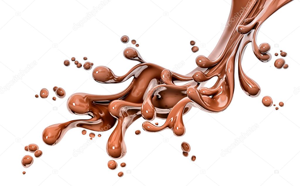 hot dark chocolate dynamic splashing, liquid splash, 3d food illustration isolated on white background