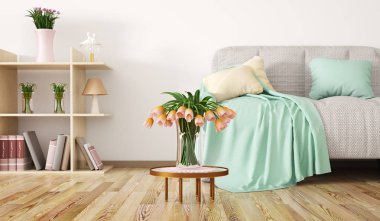 Kanepe, kitaplık ve f ile modern oturma odası iç tasarım
