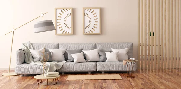 Interiérový design moderního obývacího pokoje s šedou pohovkou, karta s kávou — Stock fotografie
