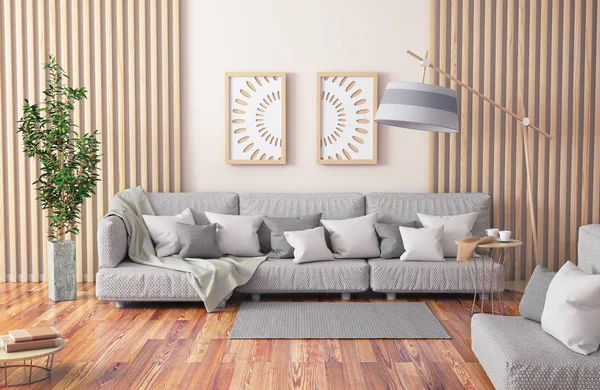 Diseño interior de la sala de estar moderna con sofá gris, pestaña de café — Foto de Stock