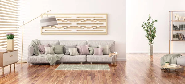 Gri kanepe, kitaplık ile modern oturma odası iç tasarım 