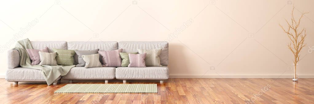 Interior design of modern living room with sofa and branch, 3d r
