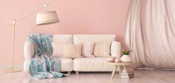 Design de interiores da moderna sala de estar com sofá e cortina, cof — Fotografia de Stock