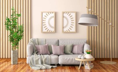 Interior design of modern living room with gray sofa clipart