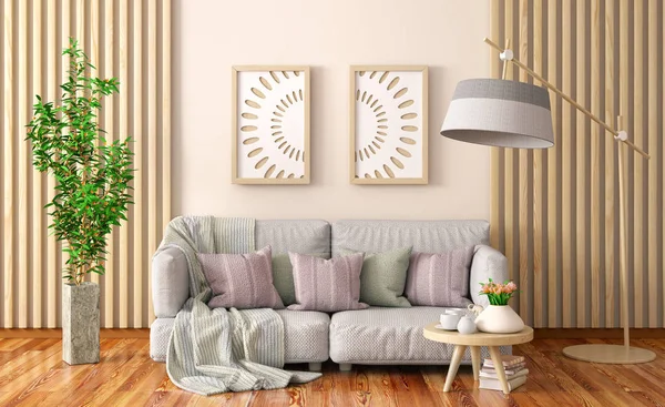 Interior design of modern living room with gray sofa — Stock Photo, Image