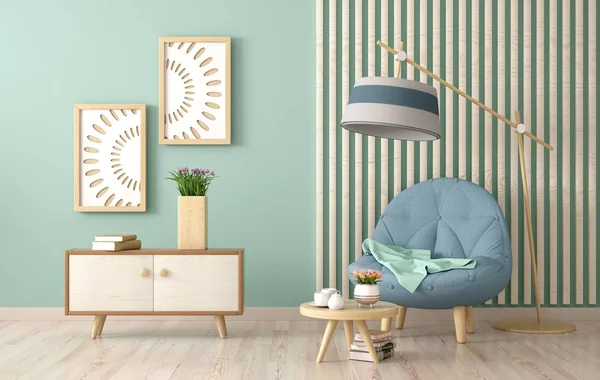 Inredningsdesign av modernt vardagsrum med fåtölj, kaffetabl — Stockfoto