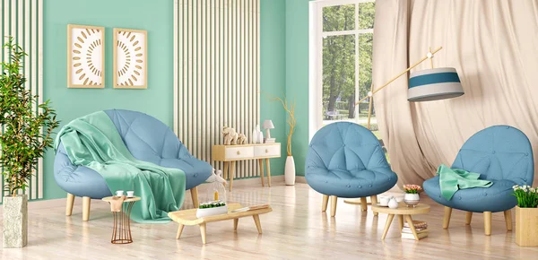 Kanepe ve iki koltuk ile modern oturma odası iç tasarımı