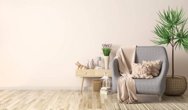 Koltuk ve dolap ile modern oturma odası iç tasarımı,