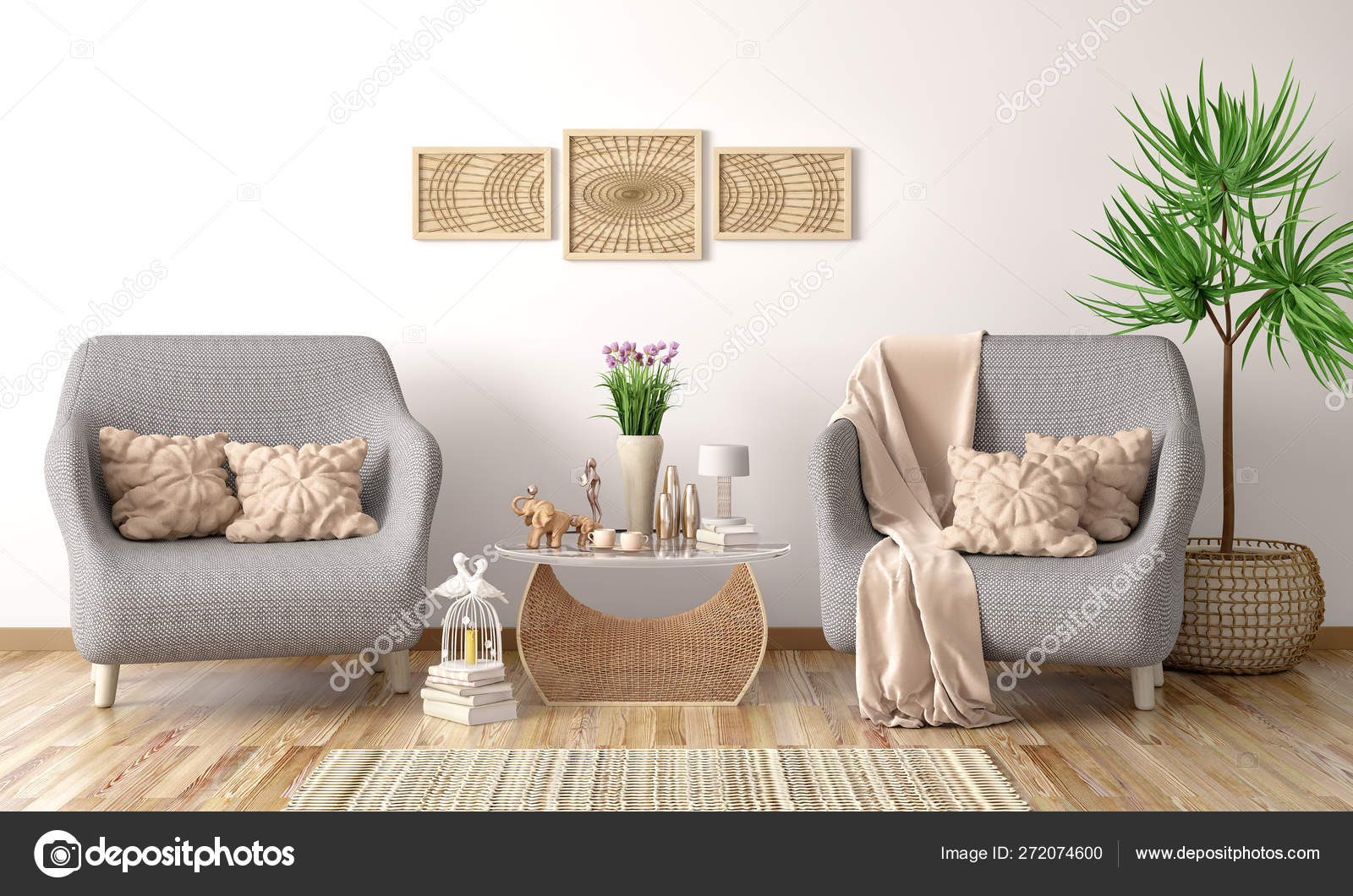 Interior design of modern living room with two armchairs coffee