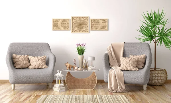 İki koltuklu modern oturma odasının iç tasarımı, kahve