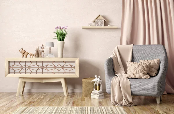 Koltuk ve dolap ile modern oturma odası iç tasarımı,