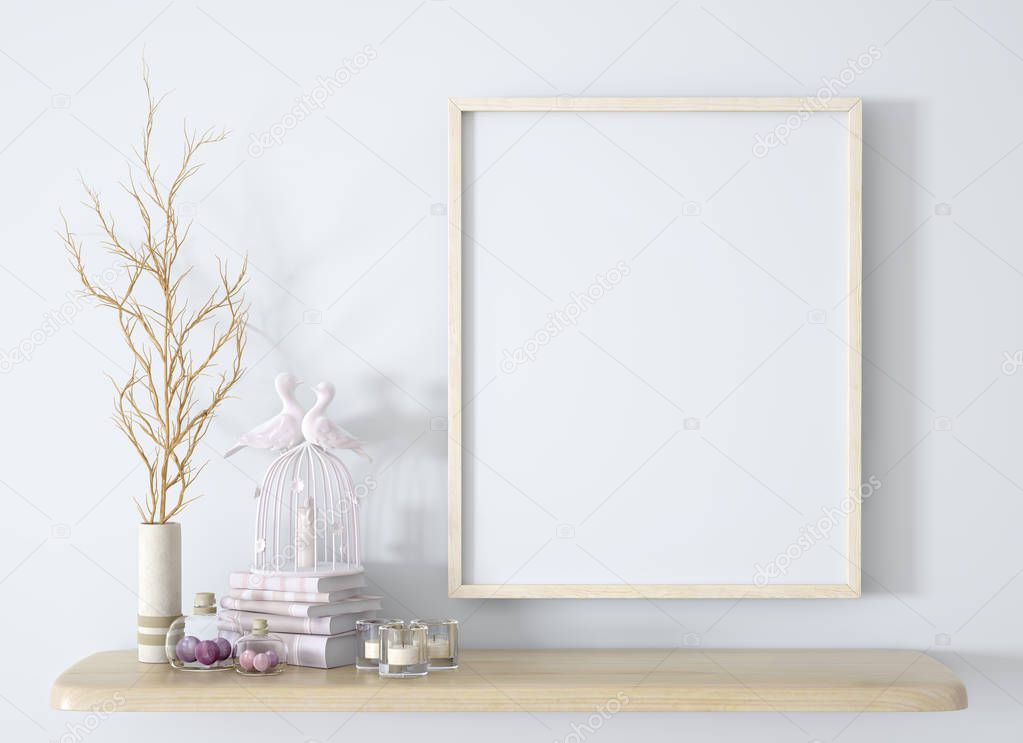 Branch in white vase on the wooden shelf with frame background 3