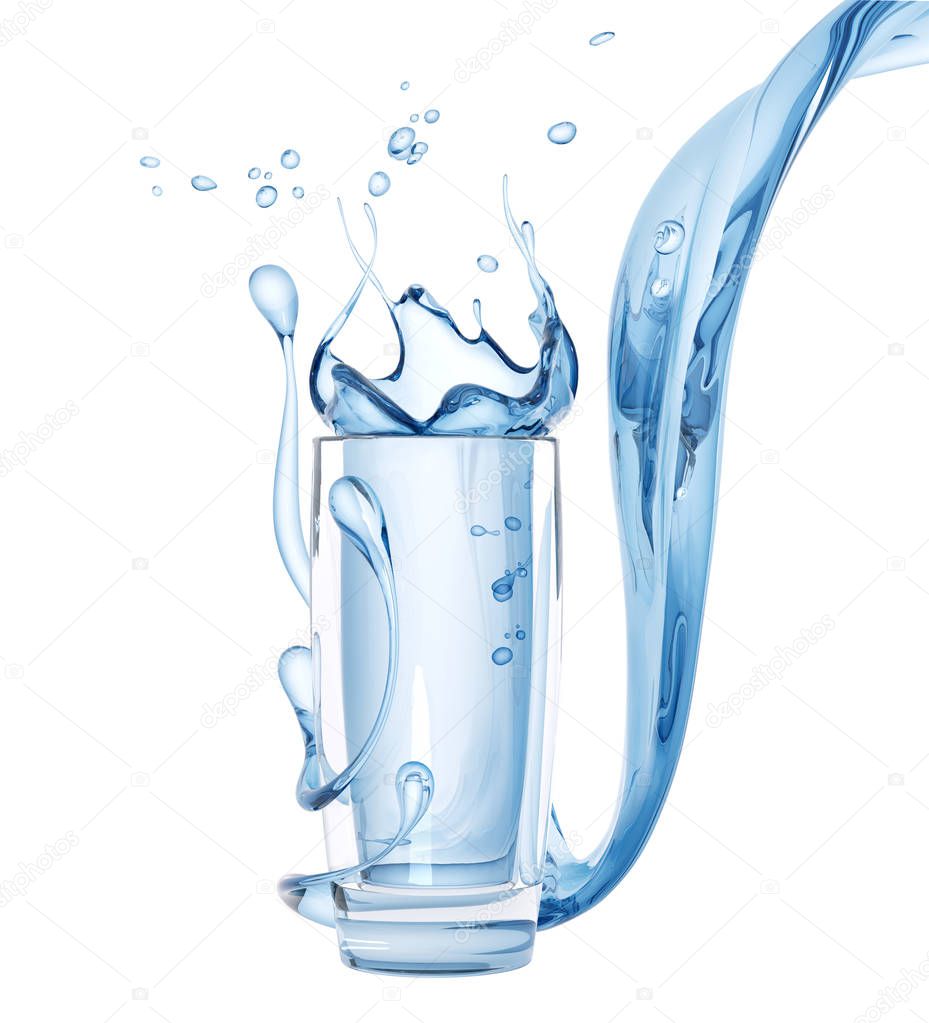 Splash water in glass, drink illustration, isolated 3d rendering