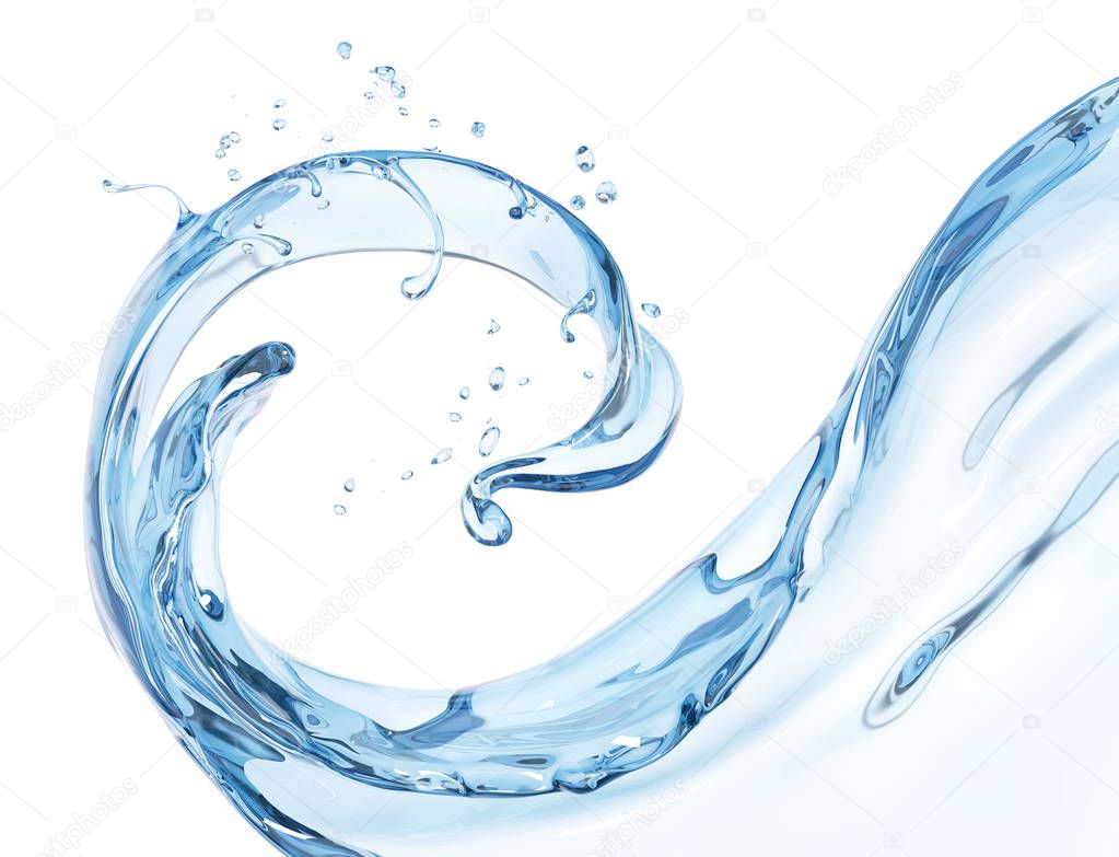 Splash water, drink illustration, abstract swirl background, 3d 
