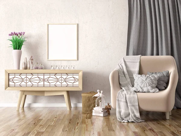 Inredningsdesign av modernt vardagsrum med fåtölj och skåp, — Stockfoto