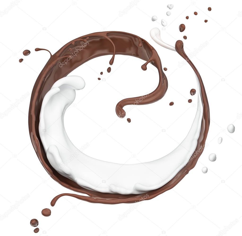 Splash of hot chocolate and milk, isolated 3d rendering