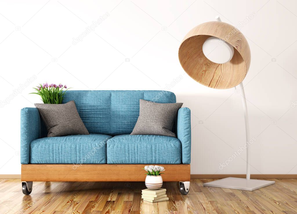 Interior design of modern living room with sofa, gray pillow and blue sofa with floor lamp, 3d rendering