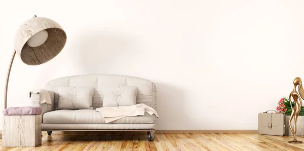 sofa on white background with a floor lamp, plaid and flowers, 3d rendering