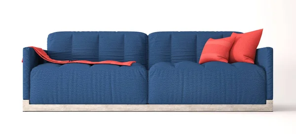 Niebieska Sofa Białym Tle Pokrowiec Czerwona Poduszka Renderowanie — Zdjęcie stockowe