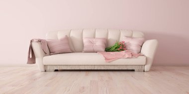 Beyaz kanepe, modern oturma odasının iç tasarımı kanepe, pembe yastık ve ekoseli, 3D işlemeli.