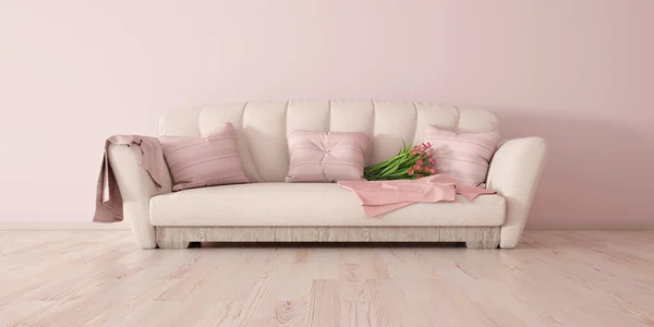 White sofa, interior design of modern living room with sofa, pink pillow and plaid, 3d rendering