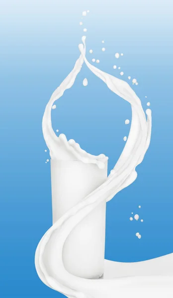 Splash milk in glass food and drink illustration, abstract swirl background, isolated 3d rendering