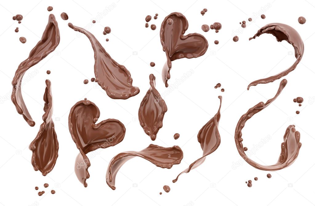 Chocolate of splash, set of splash coffee 3d illustration, abstract swirl background, isolated 3d rendering
