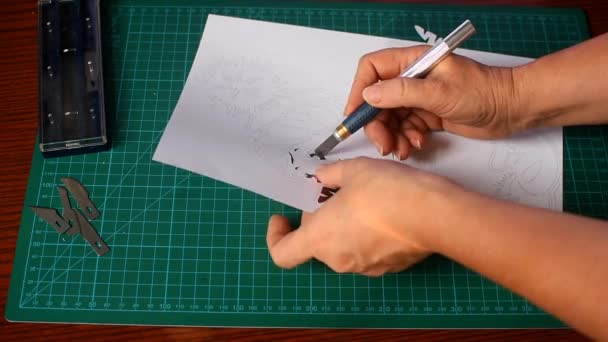 Skära en snögubbe från vitt papper på en grön matta — Stockvideo