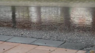 Şiddetli yağmur zemine yağarak yansımalar ve dalgalanmalar oluşturur. Islak yüzey, şehir yağmur manzarasını güçlendirir. Yağmur ıslak fayanslara sıçrar, hareket eden su dokuları ve yüzeyde parlak yansımalar yaratır..